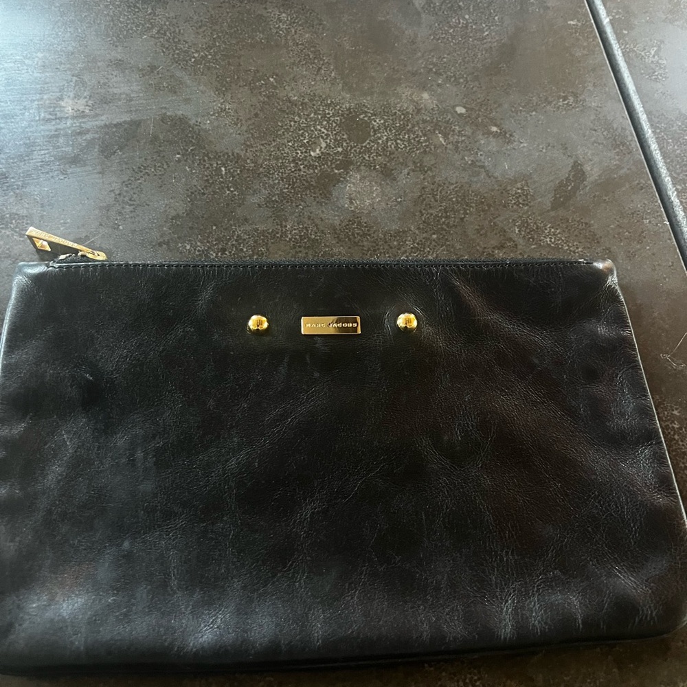 Marc Jacobs Black Leather Clutch with Gold Details